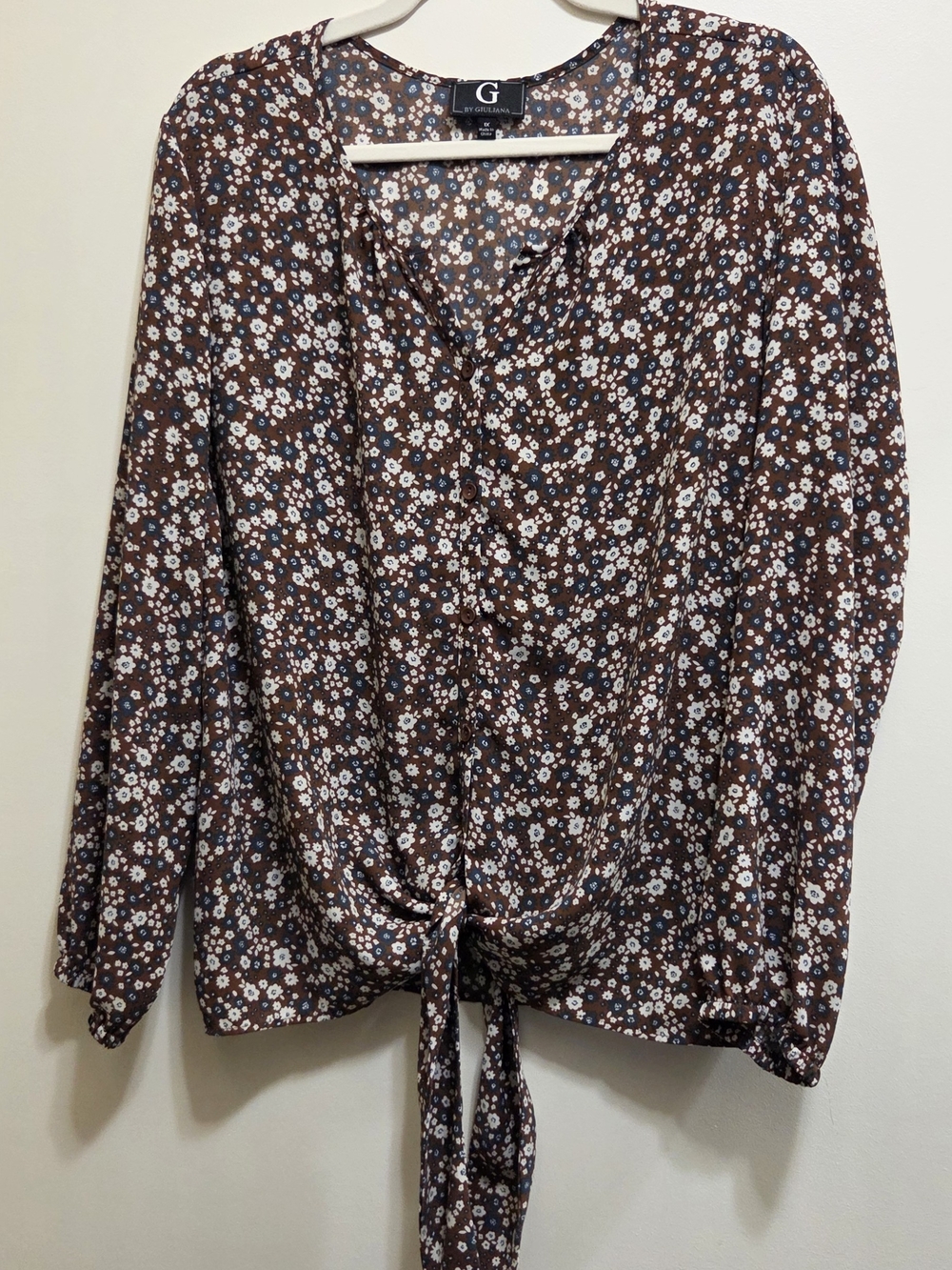 G by Giuliana Brown Floral Tie-Front Blouse 1X